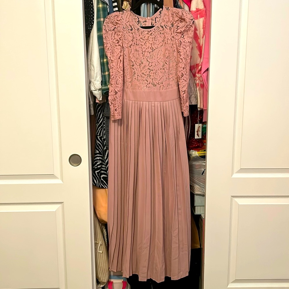 Pink SHEIN Lace Pleated Dress